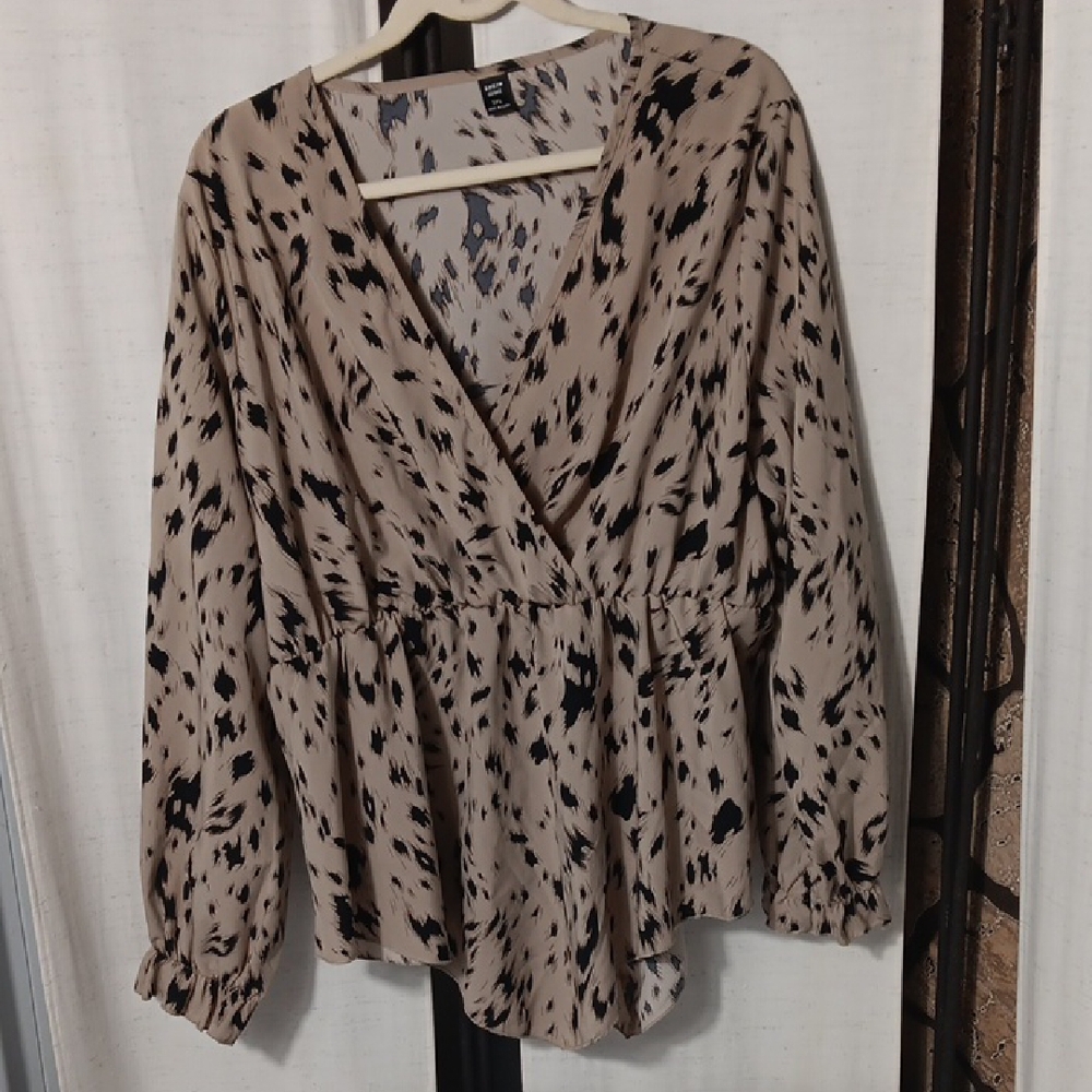 Shein Curve Tan and Brown Wrap Blouse with Long Sleeves